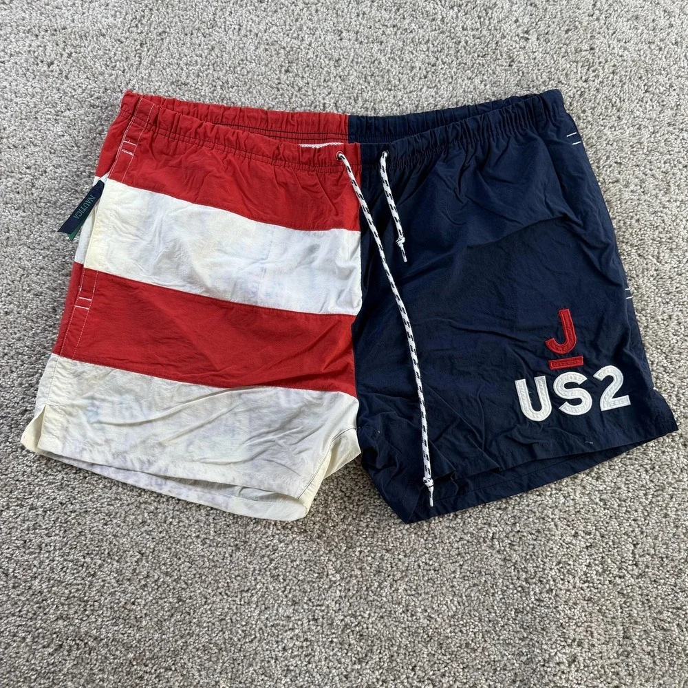 Vintage Nautica Swim Shorts Mens XL Red White Blue Flag Trunks Lined Patriotic
